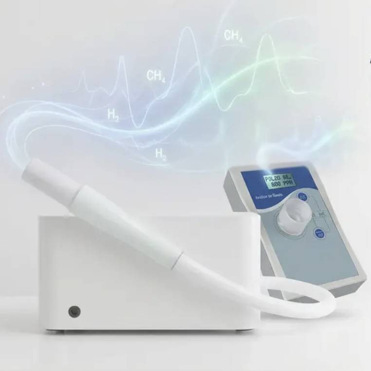 Os equipamentos do teste respiratório: o analisador de gases e o módulo de coleta onde o paciente sopra